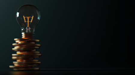 A light bulb illuminated and positioned on top of stacked coins, representing the connection between ideas, investments, and financial growth. Perfect for business concepts.の素材