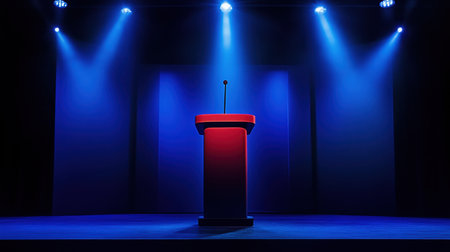 A sleek podium illuminated by dramatic blue lighting, set for a presentation or public speaking event. The atmosphere suggests anticipation and focus.の素材