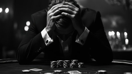 A dramatic black and white image depicts a man in a tuxedo sitting at a casino table surrounded by stacks of poker chips, conveying deep emotional turmoil.の素材