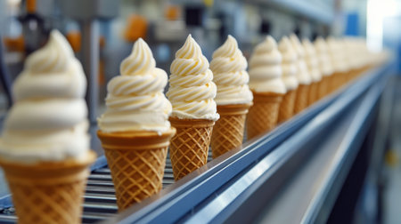 View a perfectly arranged line of soft serve ice cream cones in a production facility. Each cone features a delicious swirl of vanilla ice cream, showcasing creamy texture and cold refreshment ideal for summer treats.の素材