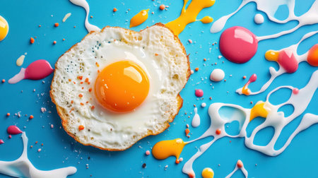 A visually striking image of a fried egg on a blue surface surrounded by colorful paint splashes. The bright yellow yolk contrasts against the vibrant colors, creating a playful food art display.の素材