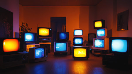 A collection of vintage televisions illuminating a dimly lit room. Each screen displays vibrant colors, creating a nostalgic and artistic atmosphere perfect for media enthusiasts.の素材