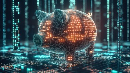 This digital illustration features a glowing piggy bank surrounded by a matrix of data, symbolizing futuristic finance and innovative savings solutions in a high-tech environment.の素材