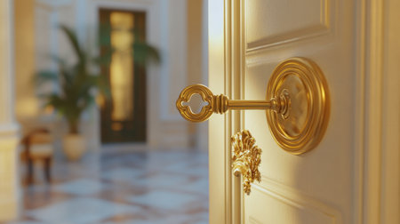 An elegant golden door handle invites entry into a luxurious interior, showcasing intricate details and a warm, inviting ambiance. Perfect for decor themes.の素材