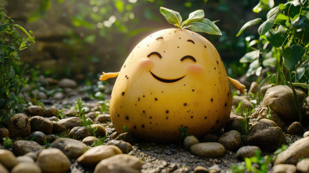 This delightful cartoon potato character features a smiling face and a green leaf on top, surrounded by a natural setting with stones. Ideal for playful designs.の素材