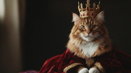 A majestic feline sits elegantly, adorned with a crown and royal robe, exuding charm and grace. The dark background enhances its noble presence.の素材