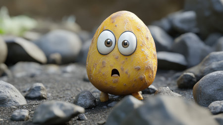 This whimsical cartoon character features a surprised yellow egg with big eyes, set against a backdrop of pebbles. Its playful expression adds charm and humor.の素材