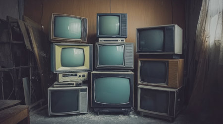 A collection of vintage television sets, artfully stacked in a dusty, abandoned room. Each set displays unique shapes and colors, evoking nostalgia and history.の素材