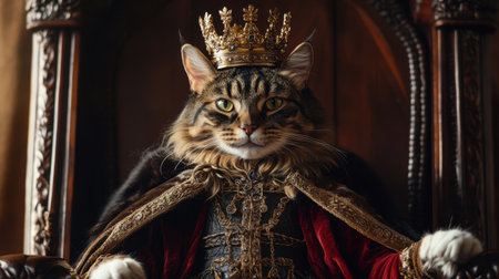 A majestic feline draped in opulent attire sits confidently on a grand throne, exuding royalty and charm. This stunning portrayal captures the cat's noble demeanor.の素材