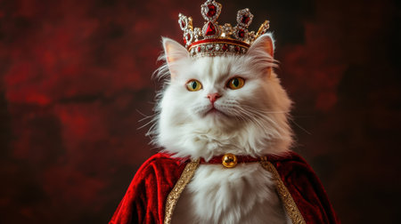 A regal white cat dons a sparkling crown and a majestic cloak, embodying royalty. The stunning portrait captures an expression of pride and elegance.の素材