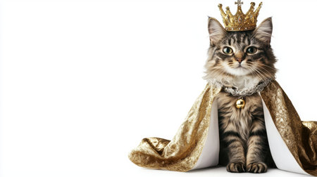 A majestic cat adorned with a golden crown and a luxurious cape exudes royal charm. This playful feline captures attention with its fluffy fur and expressive gaze.の素材