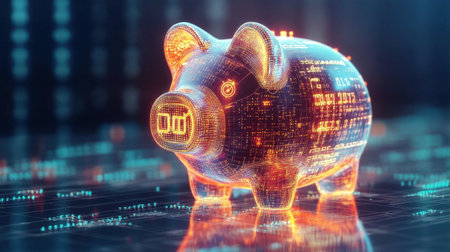 A vibrant digital piggy bank representing futuristic finance, glowing in a cyber environment filled with data. Perfect for themes of investment, savings, and technology.の素材