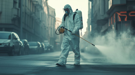 A worker in a hazmat suit sprays disinfectant on a city street to enhance sanitation practices, ensuring public safety and health during a pandemic response.の素材