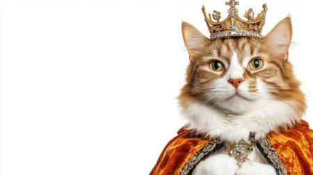 A majestic cat dressed in a kingly crown and royal robe poses with a regal expression. This humorous and charming pet portrait showcases feline elegance and personality.の素材