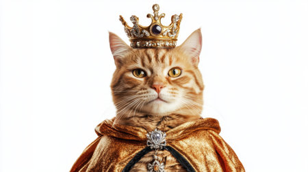 A charming cat dressed as royalty, sporting a golden crown and cloak, captures attention with its proud expression. Perfect for whimsical and imaginative themes.の素材