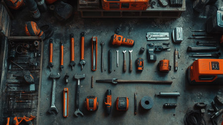 A comprehensive flat lay view of various hand tools and equipment arranged on a workshop surface. The image showcases a range of essential tools for repair and construction activities.の素材