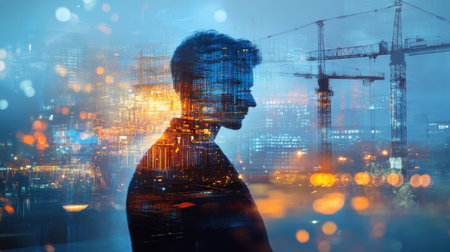A striking silhouette of a man set against a vibrant urban construction scene. The blend of city lights and cranes symbolizes innovation and future possibilities.の素材