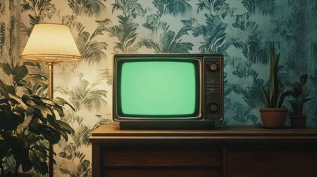 A nostalgic scene featuring a vintage television set with a green screen, surrounded by cozy decor elements like plants and a stylish lamp, perfect for evoking memories.の素材
