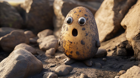 A charming cartoon potato character with big googly eyes and a surprised expression stands among natural stones. This whimsical creation adds humor and creativity to various projects.の素材