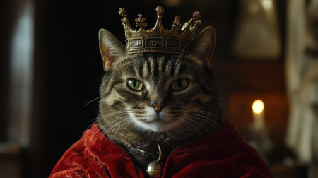 A majestic cat dons a royal crown and velvet cloak, embodying a humorous kingly character. The warm lighting creates a cozy and dramatic atmosphere.の素材