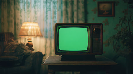 A vintage television set featuring a vibrant green screen occupies a cozy living room space, surrounded by retro decor and soft lighting. Perfect for nostalgic themes.の素材