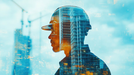 A striking silhouette of a construction worker wearing a helmet, combined with a reflective cityscape, symbolizes the connection between labor and urban development.の素材