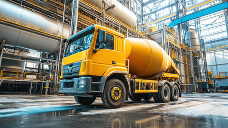 A vibrant yellow concrete mixer truck positioned inside an industrial construction site, showcasing heavy machinery and equipment in action.の素材