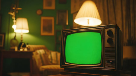 A vintage television set featuring a green screen sits in a cozy living room, creating a nostalgic atmosphere with warm lighting and classic decor elements.の素材