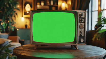 A vintage television sits on a wooden table with a bright green screen, surrounded by indoor plants and stylish decor, evoking a cozy atmosphere and nostalgic vibes.の素材