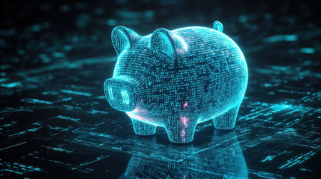 This 3D illustration features a digital piggy bank illuminated by neon lights and structured with binary code, symbolizing modern finance and digital savings concepts.の素材