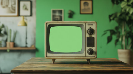 A vintage television set sits on a wooden table against a bright green wall, featuring a blank screen, perfect for creative design purposes or nostalgic themes.の素材
