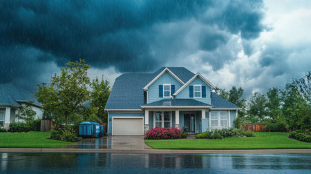 A charming house stands resilient against a backdrop of dark clouds and heavy rain. The scene captures the beauty of nature and the quiet strength of home.の素材