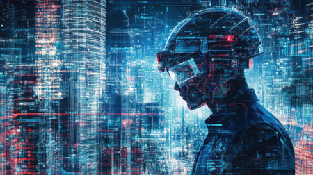 A captivating portrait of a person immersed in digital technology, showcasing a blend of futuristic design and urban elements, highlighting innovation and virtual interaction.の素材