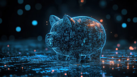 A futuristic digital piggy bank is showcased with glowing data points and binary code. This innovative concept represents online savings, investment, and modern finance technology.の素材