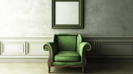 A chic green armchair stands elegantly against a textured wall. The minimalist design provides a serene atmosphere, perfect for relaxation and contemplation.の素材