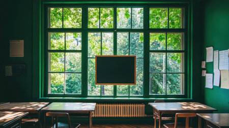 A bright classroom featuring large green windows that offer a beautiful view of trees. The serene atmosphere encourages learning and creativity.の素材