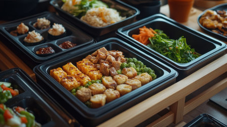 Discover a vibrant array of delicious dishes served in black containers, featuring healthy ingredients like vegetables, rice, and protein choices. Perfect for food lovers!の素材