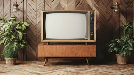 A classic vintage television sits on a wooden stand, surrounded by lush green plants, creating a cozy retro atmosphere in a beautifully decorated interior.の素材