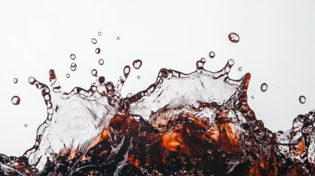 Captivating close-up image of dark liquid splashing with vibrant droplets and bubbles, creating a dynamic and energetic effect. Perfect for food and drink scenes.の素材
