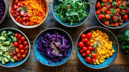 A vibrant display of fresh vegetables in bowls, showcasing a variety of colors and textures, perfect for healthy meal preparation and culinary imagery.の素材
