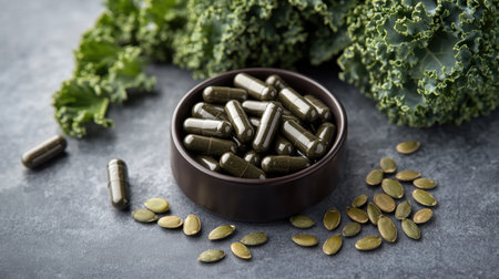 A beautiful arrangement of green superfood supplements surrounded by kale and pumpkin seeds on a textured gray surface. Perfect for health-related themes.の素材
