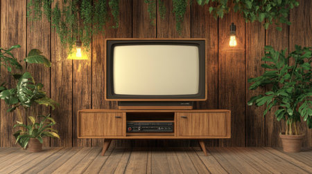 This image features a vintage living room setup with a retro television console surrounded by lush green plants and warm lighting, creating a cozy atmosphere.の素材