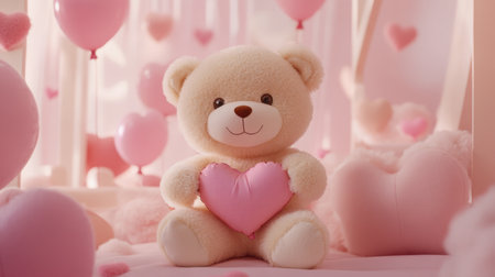 A charming teddy bear holds a soft pink heart, set against a dreamy pastel background filled with hearts and balloons. Perfect for conveying love and joy.の素材