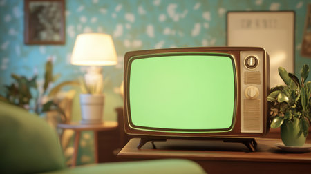 A cozy living room featuring a vintage television set with a green screen, ideal for creative projects. The scene includes beautiful decor, plants, and warm lighting.の素材