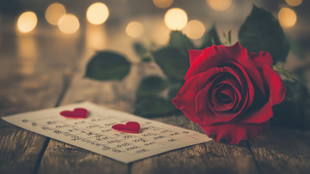 A beautiful red rose rests on a wooden surface beside a love note, enhancing romance. Soft background lights create a warm atmosphere perfect for celebrating love.の素材