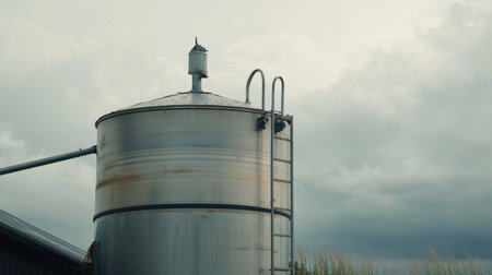 A close-up view of a metal storage tank with a ladder, set against a dramatic overcast sky. This image captures an industrial aesthetic with rustic charm.の素材