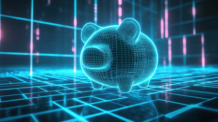 This image features a futuristic hologram of a piggy bank set against a vibrant neon grid background, symbolizing modern savings concepts and digital finance innovations.の素材