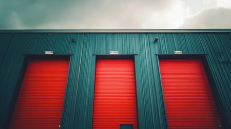 A striking image of colorful red warehouse doors set against a dramatic cloudy sky, highlighting industrial architecture and vivid urban design elements.の素材