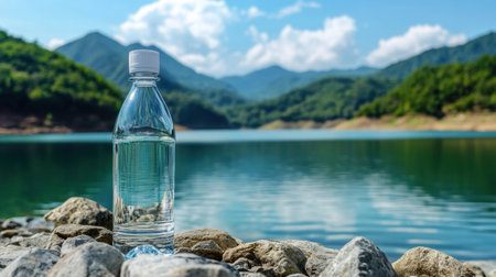 A clear plastic water bottle sits on smooth rocks by a serene lake, surrounded by majestic mountains. This image captures the essence of nature's beauty and hydration.の素材