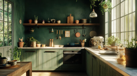 This inviting kitchen features a blend of greenery and natural light, creating a serene cooking space. The rustic wooden shelves and fresh herbs add charm and warmth.の素材
